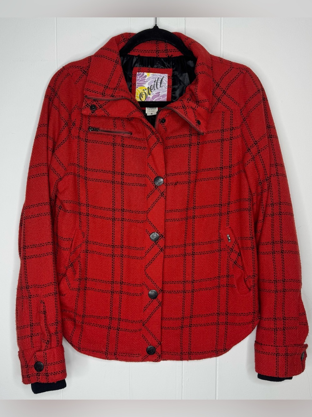 O'Neill Wool Blend Red Orange Plaid Shacket Jacket Womens Medium